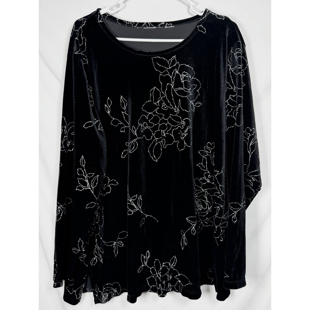Whimsigoth Women Long Sleeve Velvet Top 2XL Black Silver Floral Glitter Blouse